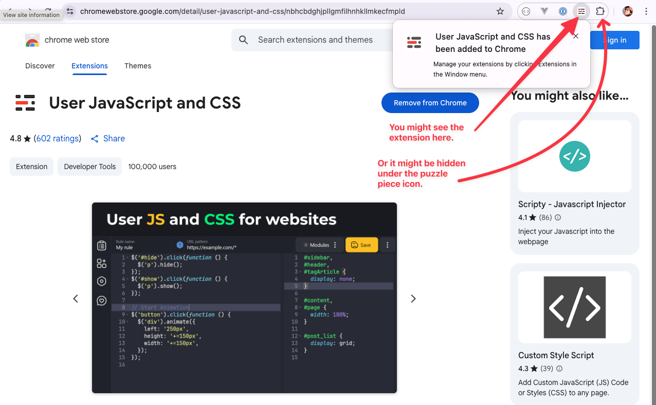 Locating the extension in the Chrome toolbar
