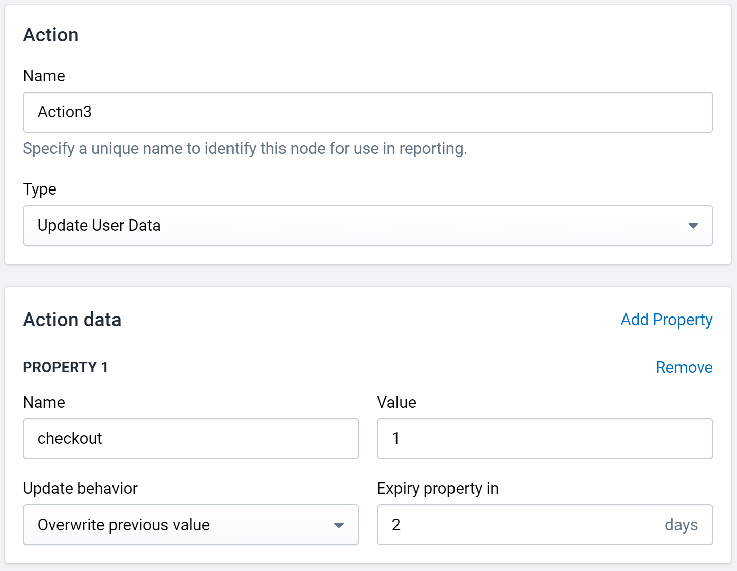 The Update User Data action interface in Streams