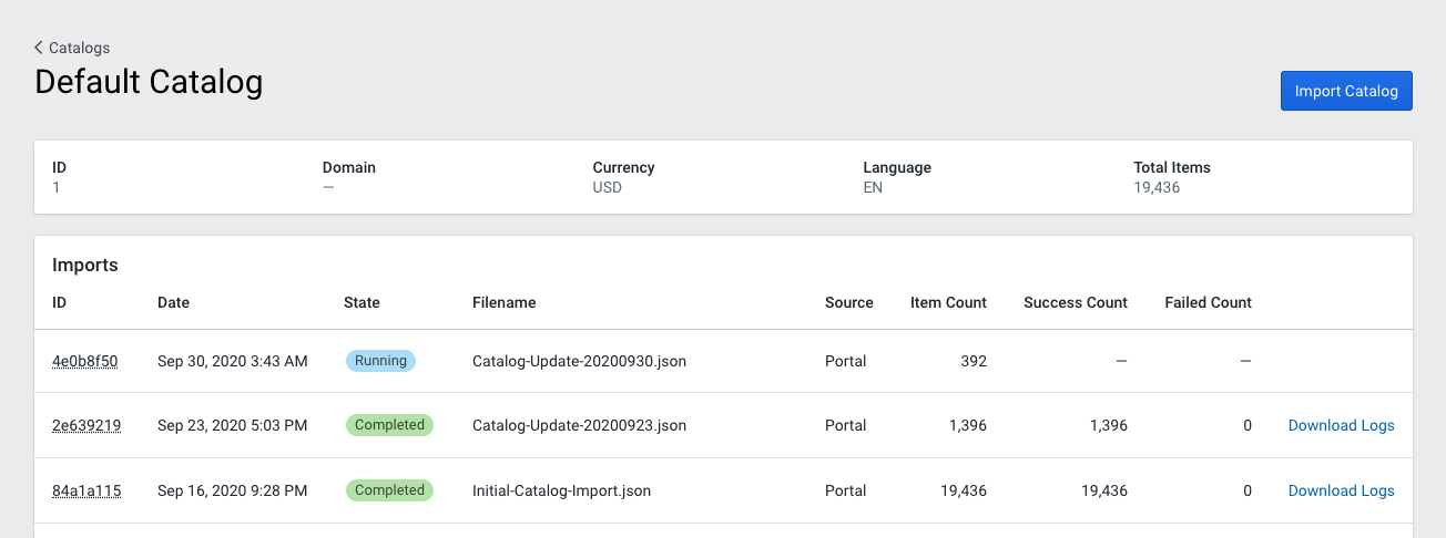 List of catalog imports including full initial import, a completed update and an in-progress update.